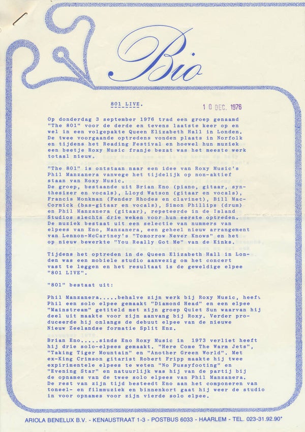 801 Live - Bio - December 10, 1976 [Holland] - Press Release