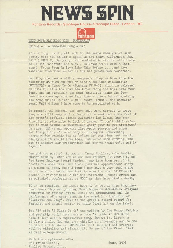 Unit Four Plus Two - Bee Gees - Butterfly - June 1967 [UK] - Press Release
