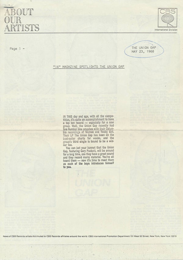 Union Gap - May 23, 1968 [Holland] - Press Release
