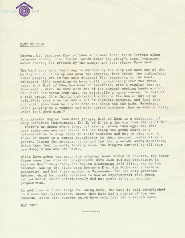 East Of Eden - May 1971 [Holland] - Press Release