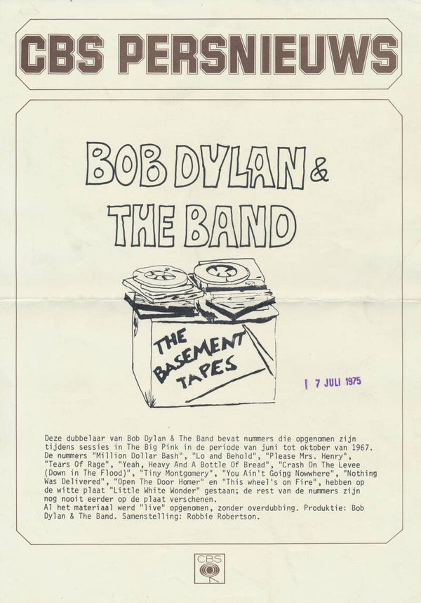 Bob Dylan & The Band - The Basement Tapes - July 7, 1975 [Holland] - Press Release