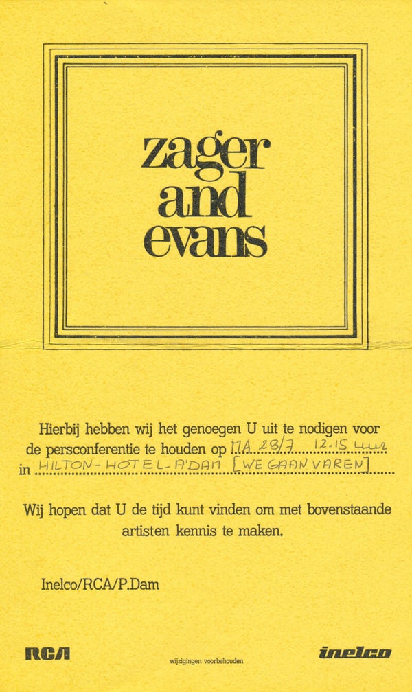 Zager and Evans - Hilton, Amsterdam - July 28, 1969 [Holland] - Press Invitation