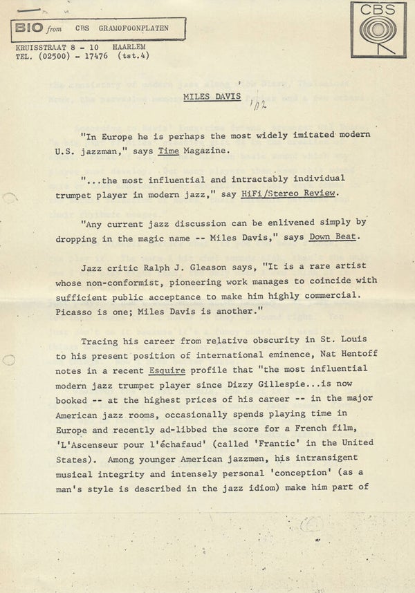 Miles Davis - Bio - 1962 [Holland] - Press Release