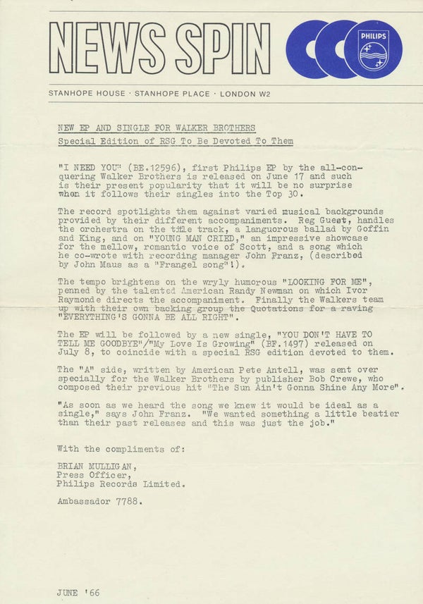 The Walker Brothers - I Need You - June 1966 [UK] - Press Release