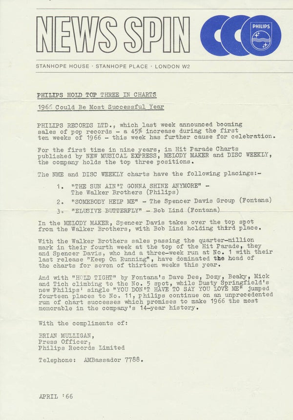 The Walker Brothers - Spencer Davis Group - April 1966 [UK] - Press Release