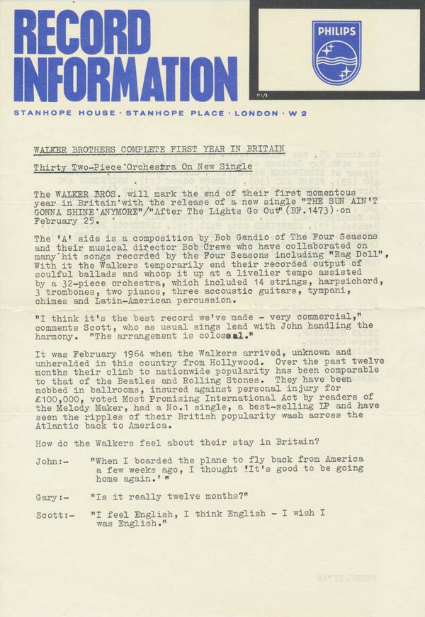 The Walker Brothers - The Sun Ain't Gonna Shine Anymore - February 1966 [UK] - Press Release