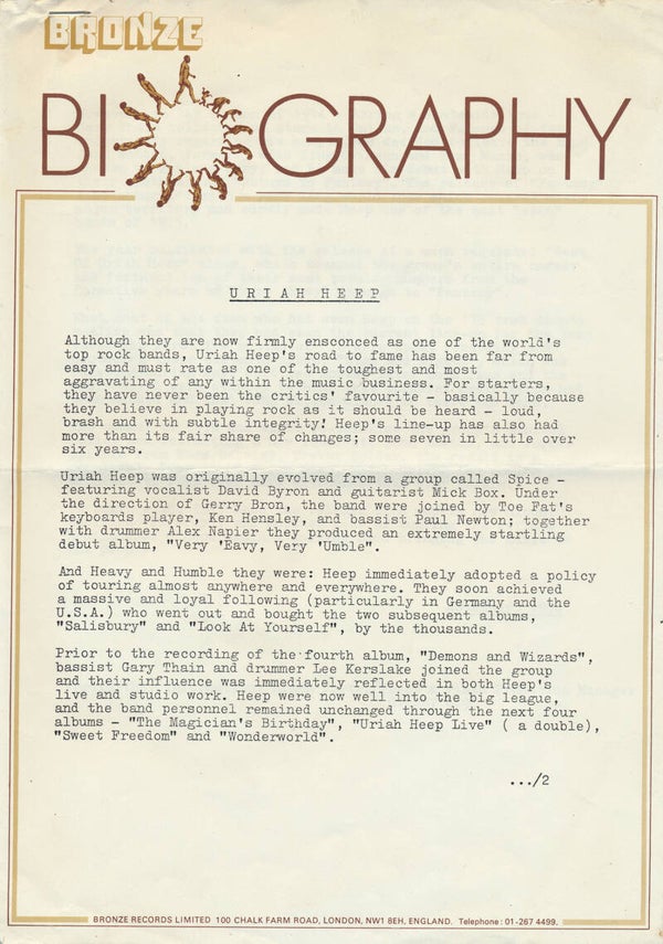 Uriah Heep - Biography - November 1976 [UK] - Press Release