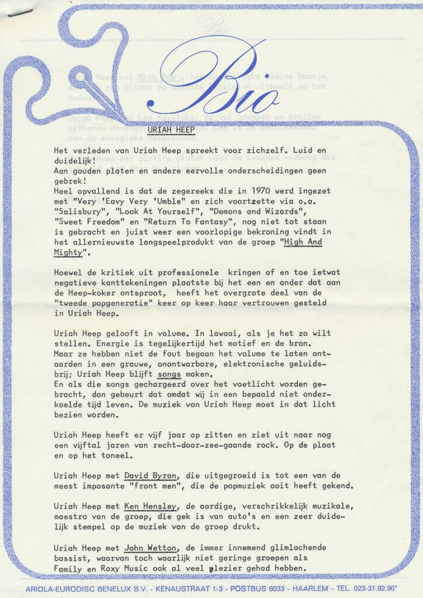 Uriah Heep - Bio - May 1976 [Holland] - Press Release