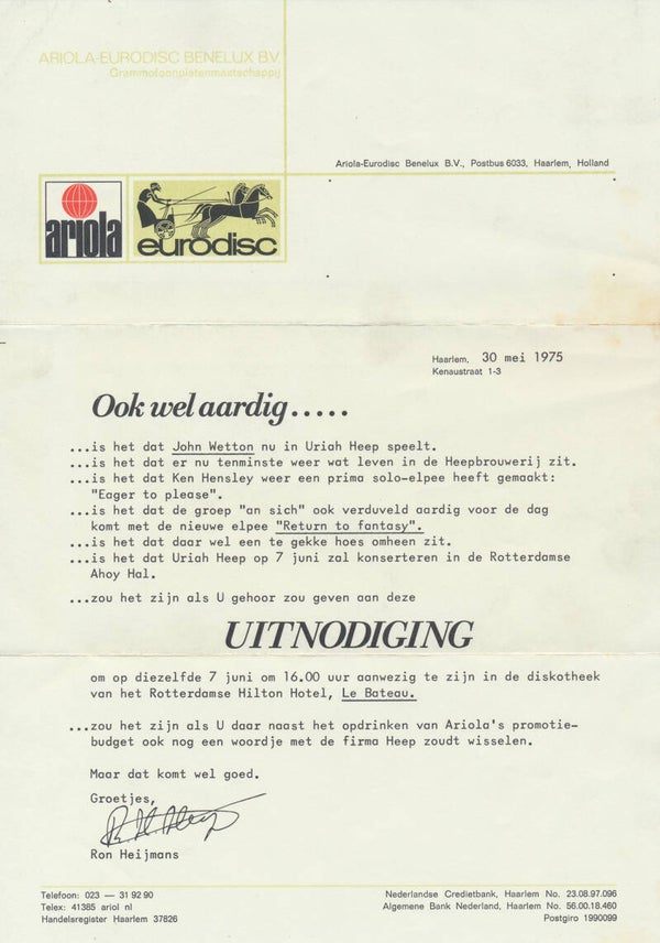 Uriah Heep - Uitnodiging - May 30, 1975 [Holland] - Press Invitation