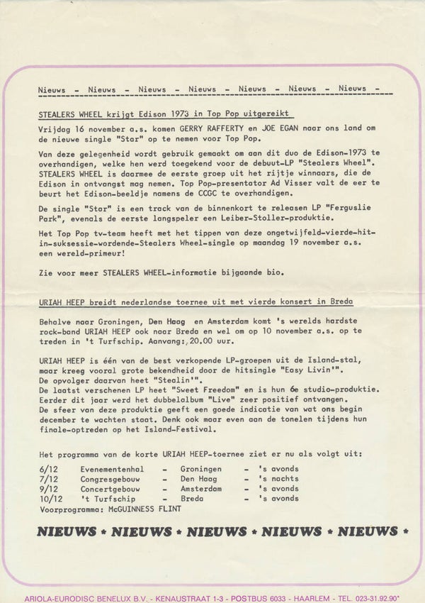 Stealers Wheel - Uriah Heep - 1973 [Holland] - Press Release
