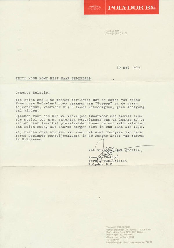 Keith Moon - Komt Niet Naar Nederland -  May 29, 1975 [Holland] - Press Release