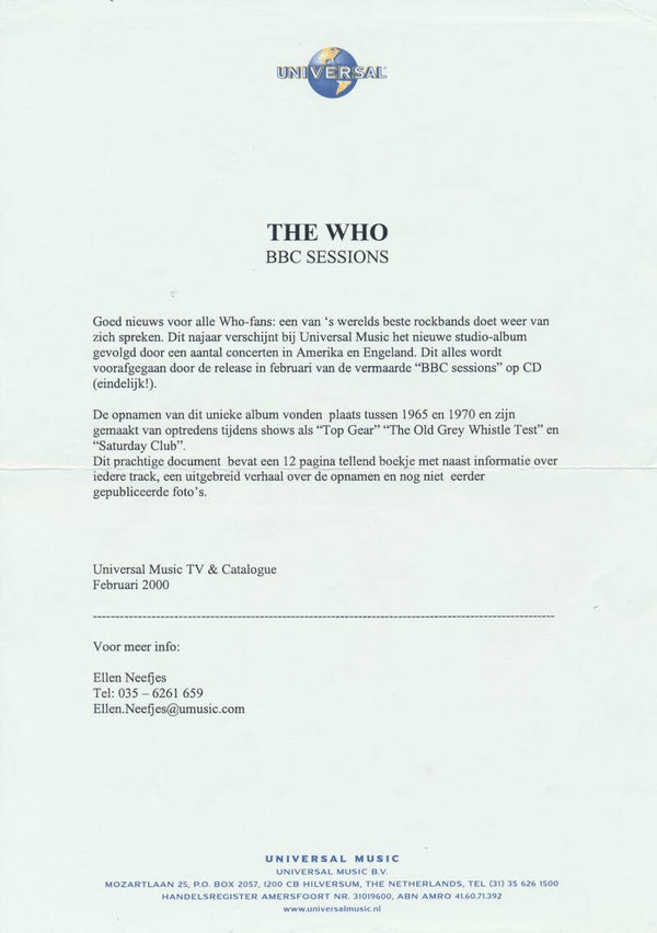 The Who - BBC Sessions - February 2000 [Holland] - Press Release