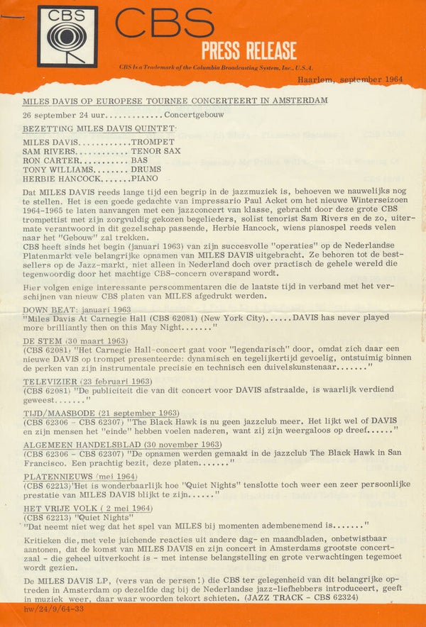 Miles Davis - Concertgebouw, Amsterdam - September 24, 1964 [Holland] - Press Release