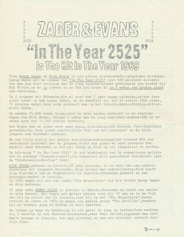Zager and Evans - Biografie - 1969 [Holland] - Press Release