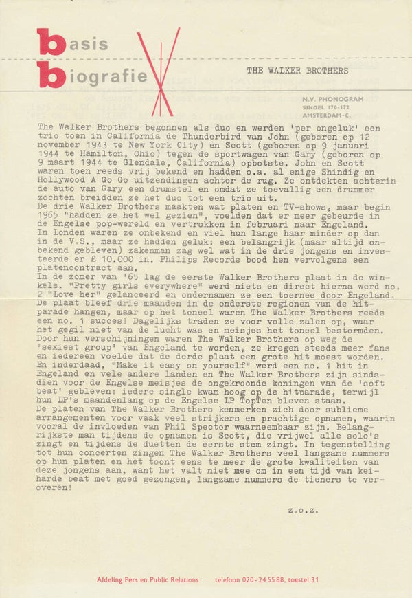The Walker Brothers - Basis Biografie - 1967 [Holland] - Press Release