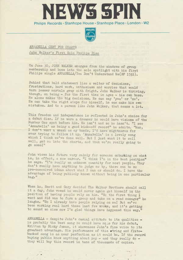 The Walker Brothers - John Walker - Annabella - June 1967 [UK] - Press Release