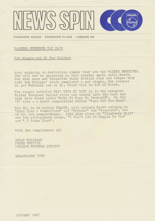 The Walker Brothers - Stay With Me Baby - January 1967 [UK] - Press Release