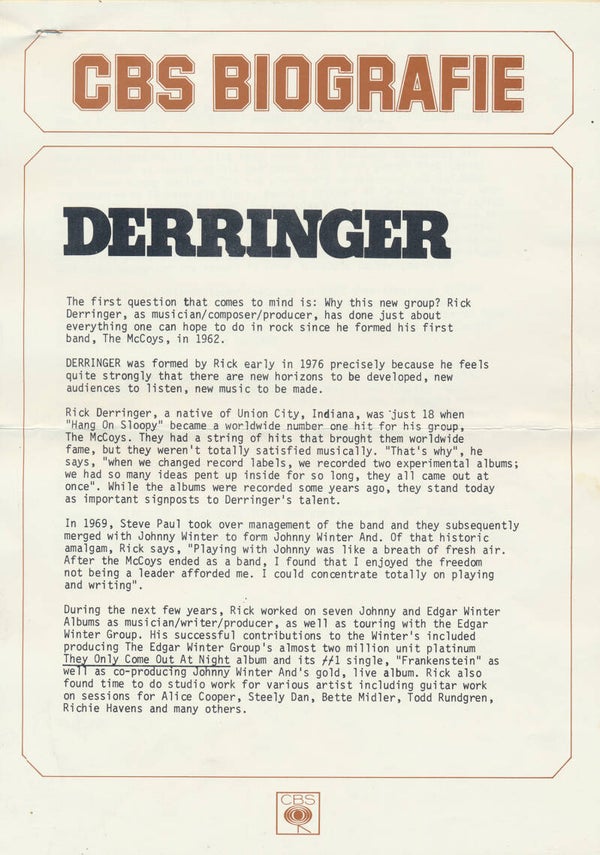 Derringer - CBS Biografie - May 1976 [Holland] - Press Release