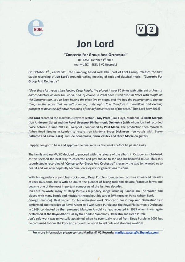 Jon Lord - Concerto For Group And Orchestra - October 2012 [Holland] - Press Release