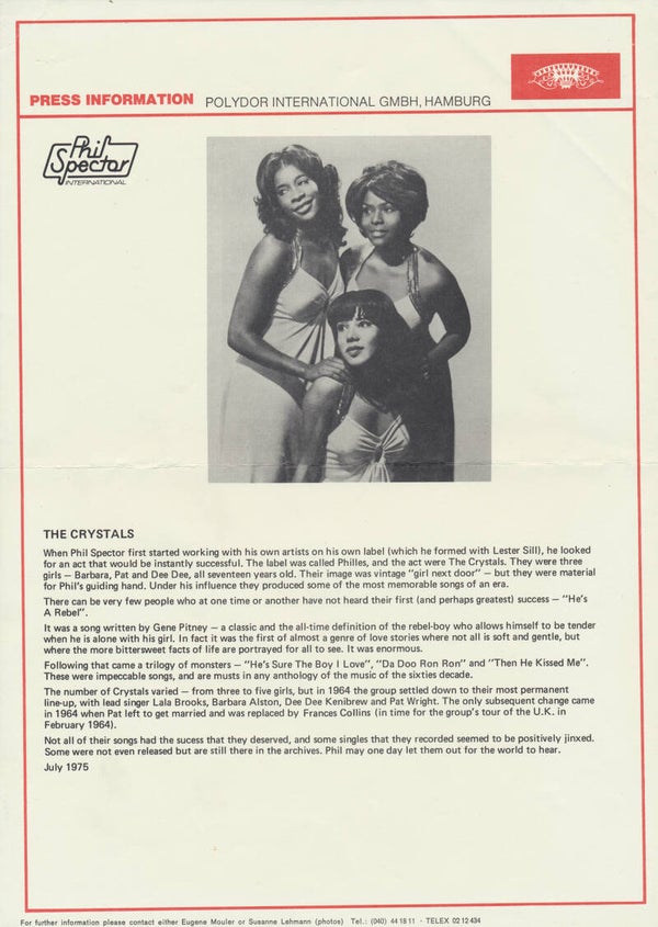 Phil Spector - The Crystals - July 1975 [Germany] - Press Release