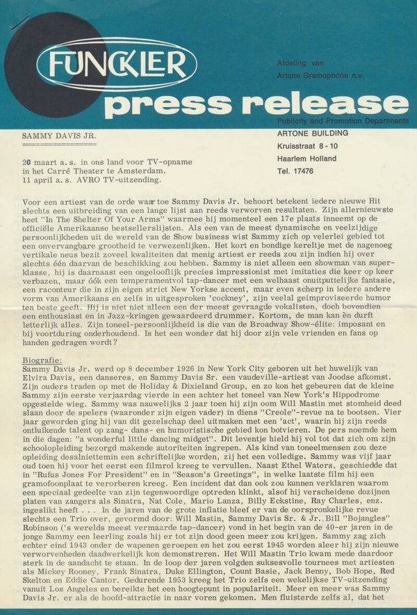 Sammy Davis Jr - March 17, 1964 [Holland] - Press Release