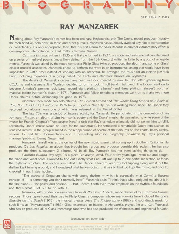 Ray Manzarek - Biography - September 1983 [USA] - Press Release