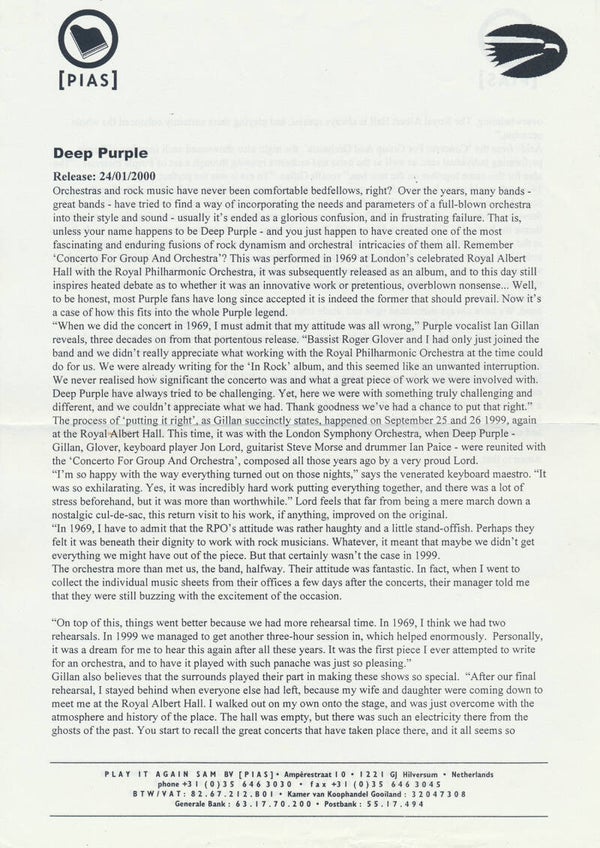 Deep Purple - January 2000 [Holland] - Press Release