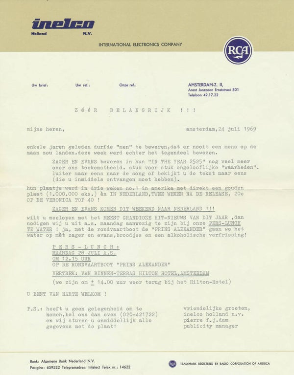 Zager and Evans - July 24, 1969 [Holland] - Press Release