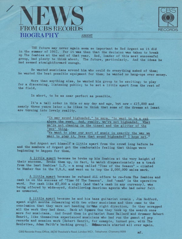 Argent - Biography - 1970 [UK] - Press Release