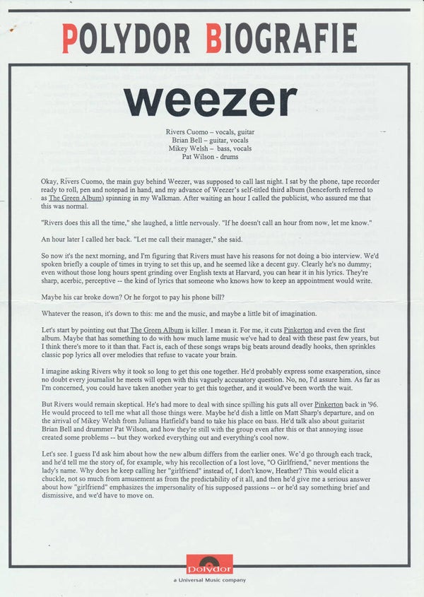 Weezer - Polydor Biografie - June 2001 [Holland] - Press Release