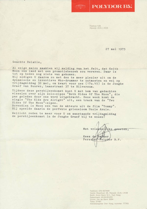 Keith Moon - May 27, 1975 [Holland] - Press Release