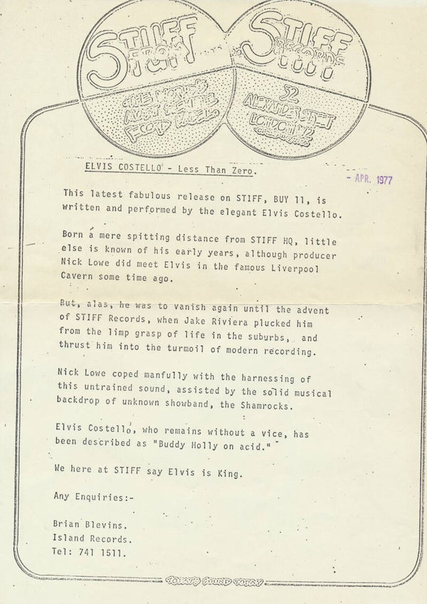 Elvis Costello - Less Than Zero - April 1977 [Holland] - Press Release