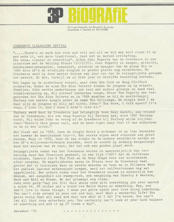 Creedence Clearwater Revival - December 1970 [Holland] - Press Release