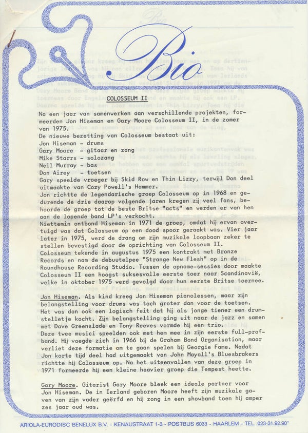 Colosseum II - Bio - May 1976 [Holland] - Press Release