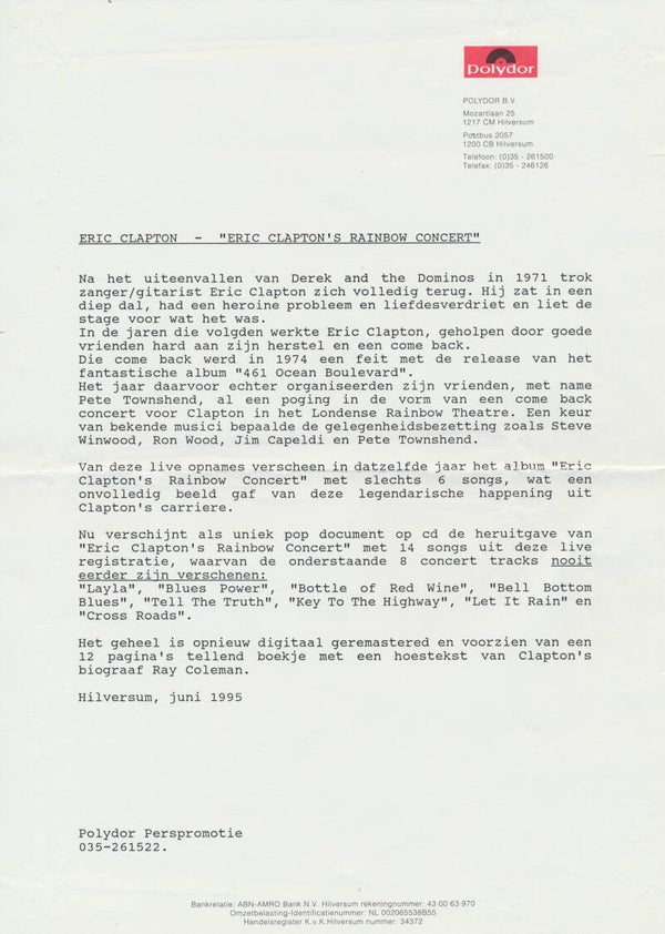 Eric Clapton - Rainbow Concert - June 1995 [Holland] - Press Release