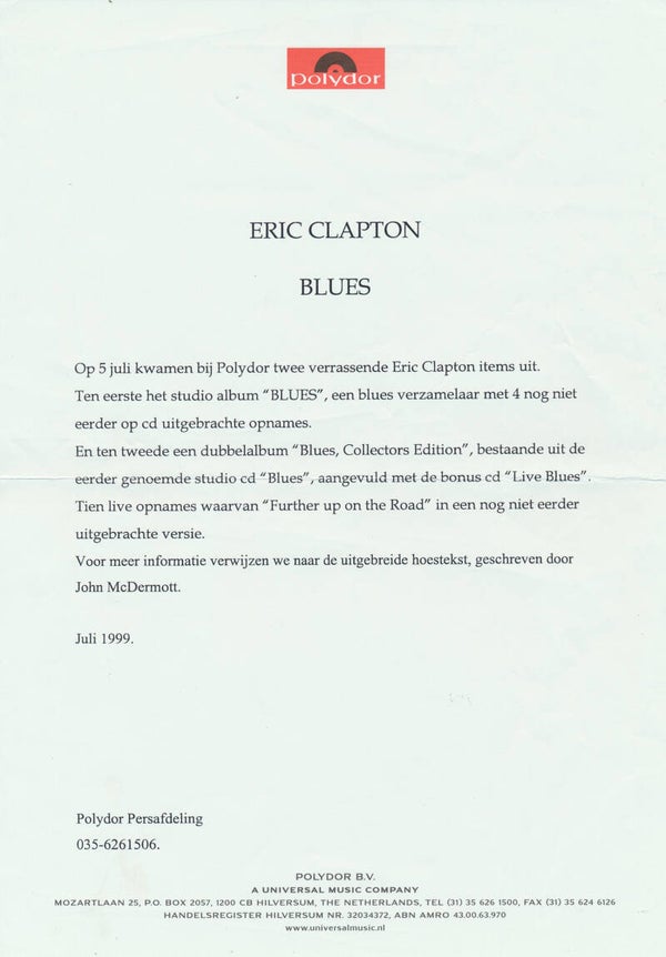 Eric Clapton - Blues - July 1999 [Holland] - Press Release