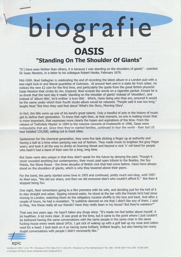 Oasis - Standing On The Shoulder Of Giants - 2000 [Holland] - Press Release