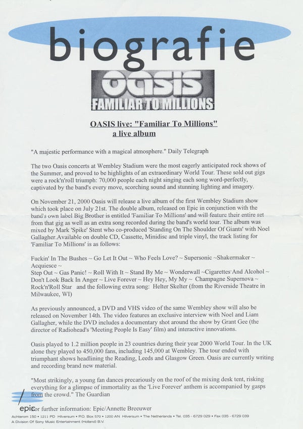 Oasis - Familiar To Millions - 2000 [Holland] - Press Release