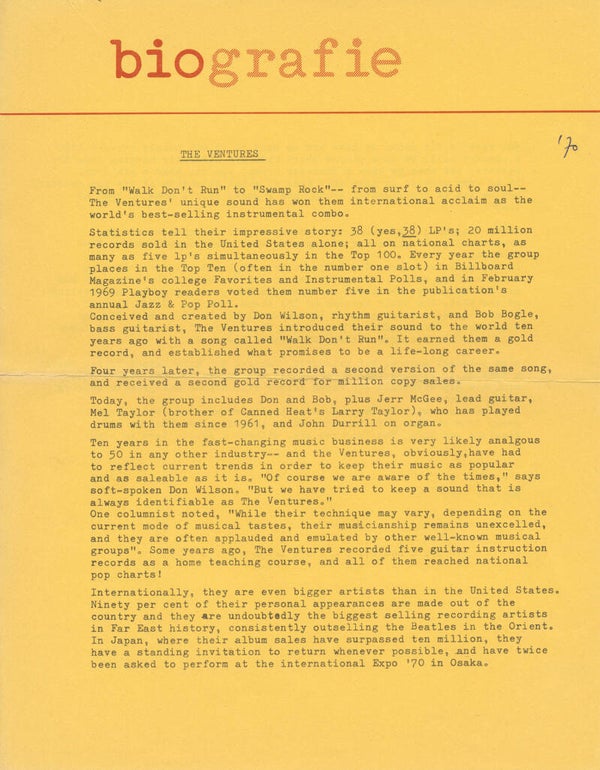 The Ventures - Biografie - October 1970 [Holland] - Press Release