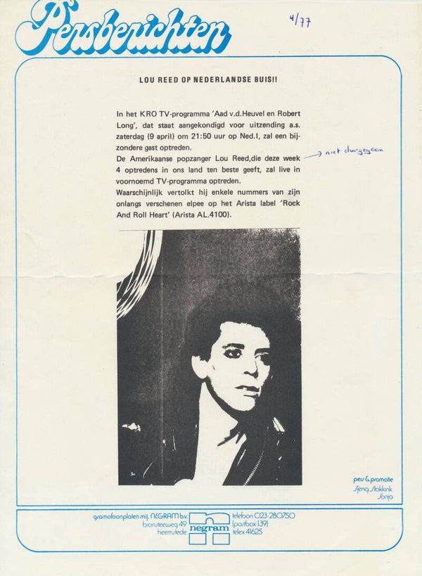 Lou Reed - Op Nederlandse Buis!! - April 1977 [Holland] - Press Release