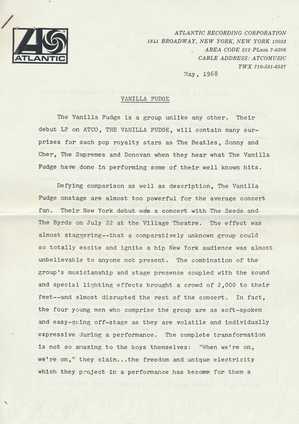 Vanilla Fudge - May 1968 [USA] - Press Release