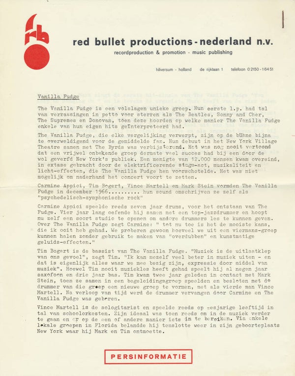 Vanilla Fudge - Persinformatie - 1968 [Holland] - Press Release