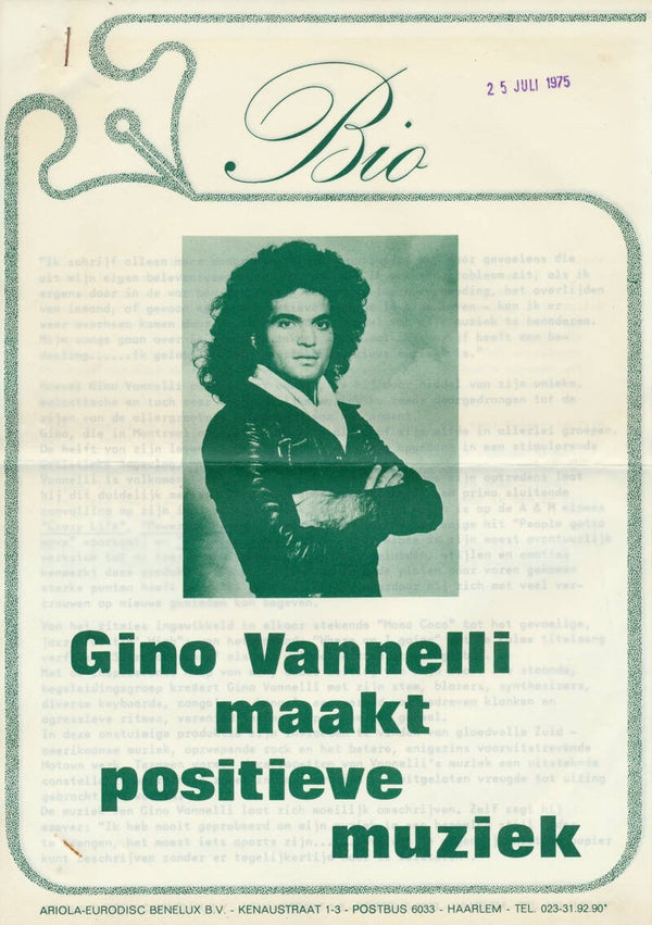 Gino Vanelli - Maakt Positieve Muziek - July 25, 1975 [Holland] - Press Release