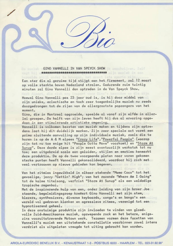Gino Vanelli - In Van Speyck Show - March 1976 [Holland] - Press Release