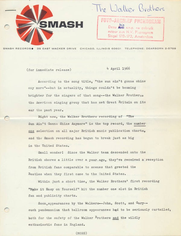 The Walker Brothers - April 4, 1966 [USA] - Press Release
