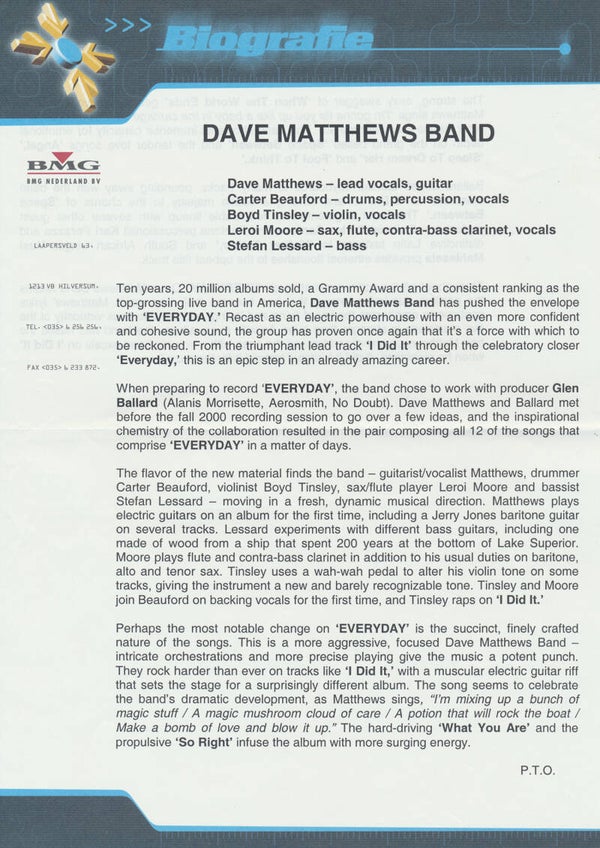 Dave Matthews Band - Everyday - 2001 [Holland] - Press Release