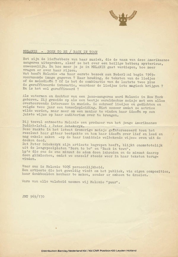 Melanie - Born To Be - September 1969 [Holland] - Press Release