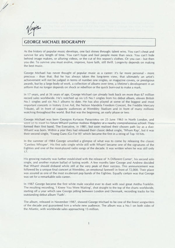 George Michael - Biography - 1999 [Holland] - Press Release