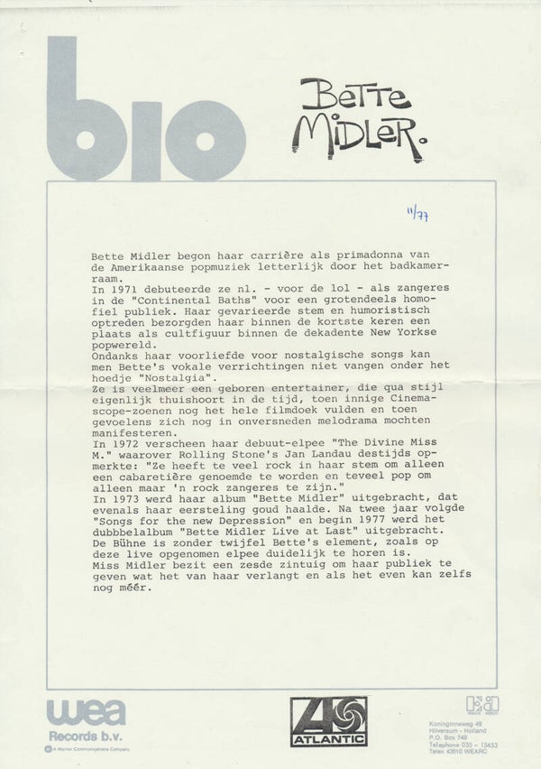 Bette Midler - November 1977 [Holland] - Press Release
