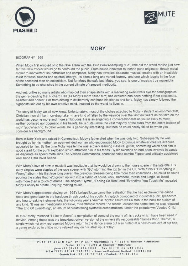 Moby - Biography - 1999 [Holland] - Press Release